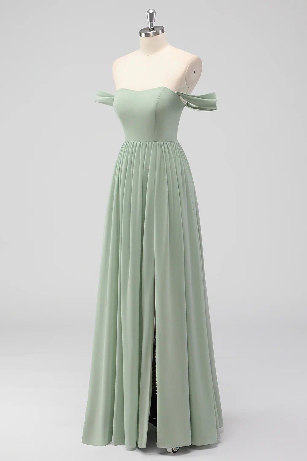 Sage Green A Line Off The Shoulder Ruched Chiffon Long Bridesmaid Dress with Slit