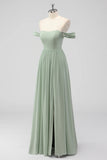 Sage Green A Line Off The Shoulder Ruched Chiffon Long Bridesmaid Dress with Slit