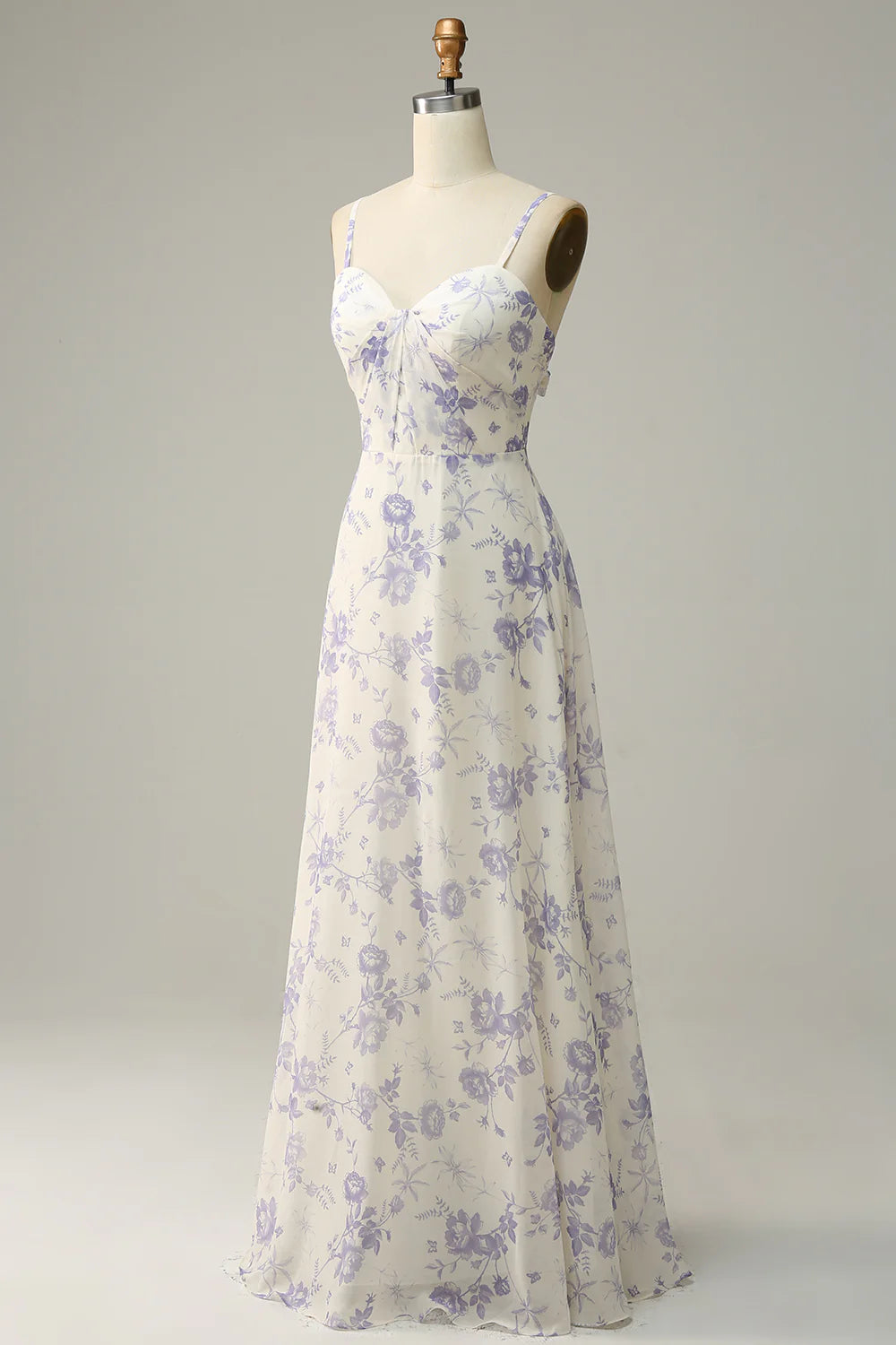 White Blue Flower A Line Spaghetti Straps Chiffon Floor Length Bridesmaid Dress