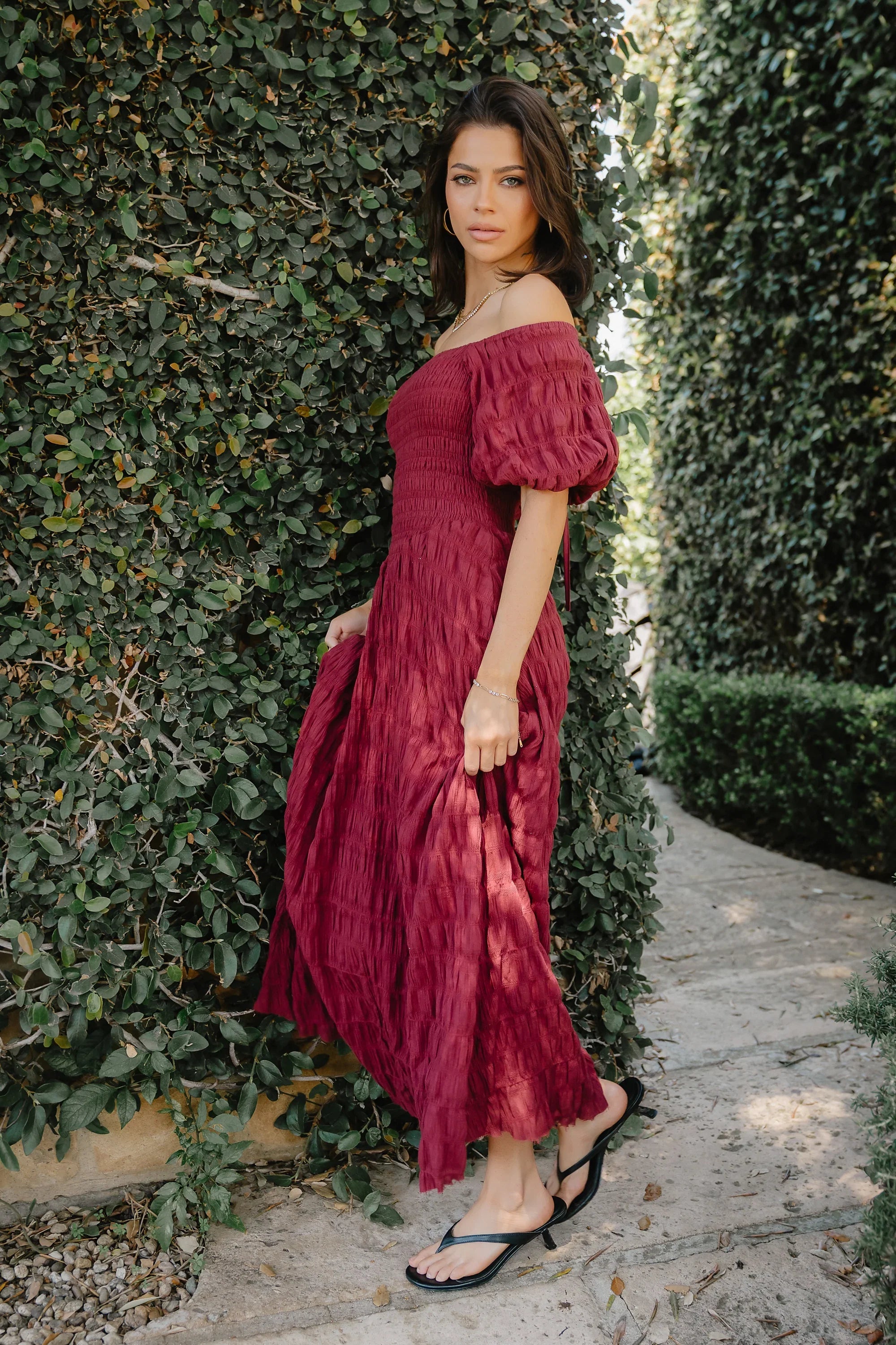 Beckie Smocked Maxi Dress in Burgundy