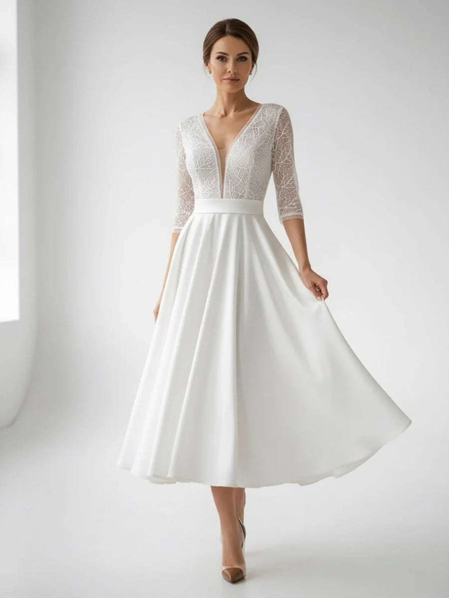Satin V neck A Line Tea length Wedding Dress with Ruching and Sash