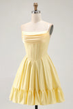 A Line Sunshine Yellow Strapless Corset Mini Homecoming Dress with Ruffles