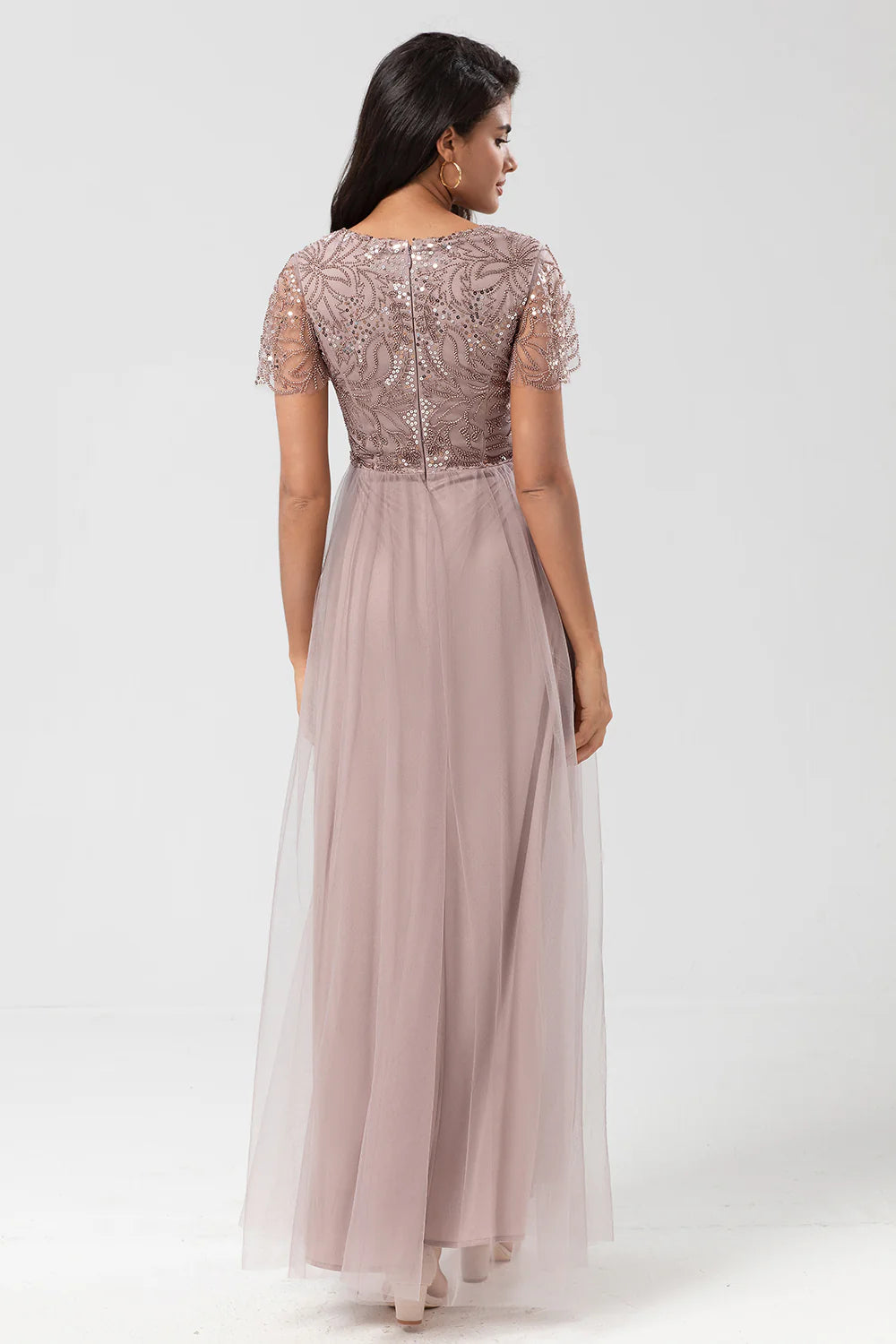 A Line V Neck Embroidered Tulle Dusty Pink Bridesmaid Dress with Beading