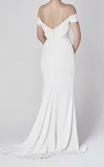 Off the shoulder Elegant Mermaid Satin Wedding Dress With Tiers And V back
