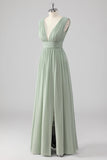 Sage Green V Neck Pleated Chiffon Long Bridesmaid Dress with Slit