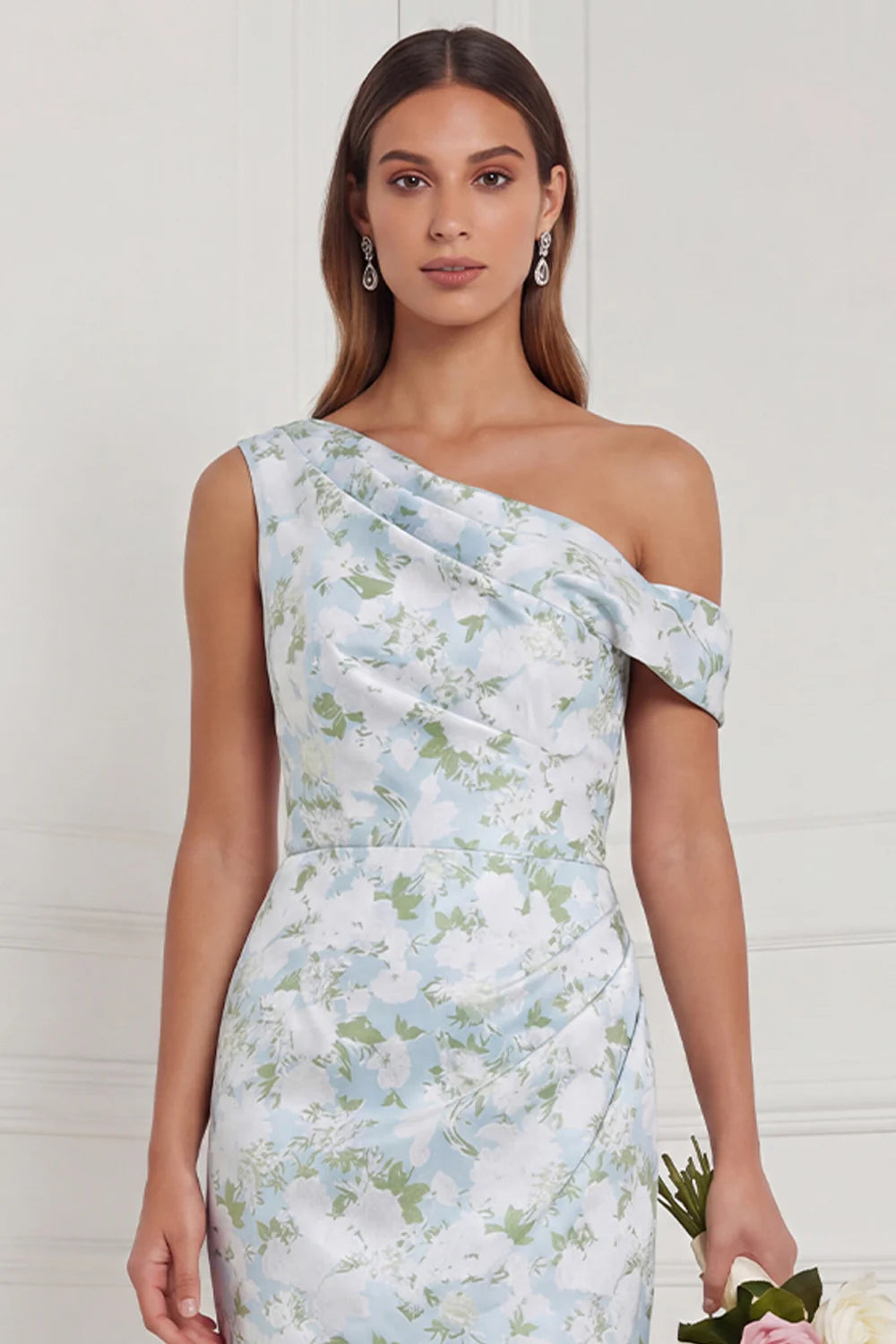 Mermaid Asymmetrical Neck Blue White Floral Bridesmaid Dress
