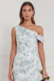 Mermaid Asymmetrical Neck Blue White Floral Bridesmaid Dress