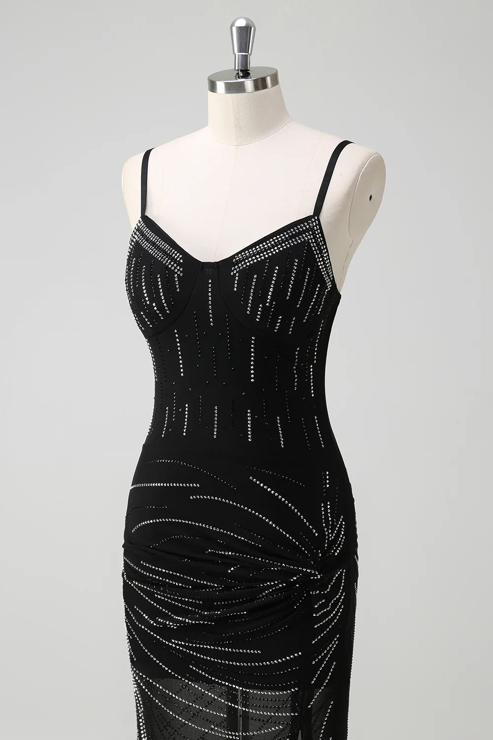 Glitter Mermaid Spaghetti Straps Beaded Long Black Prom Dress with Slit