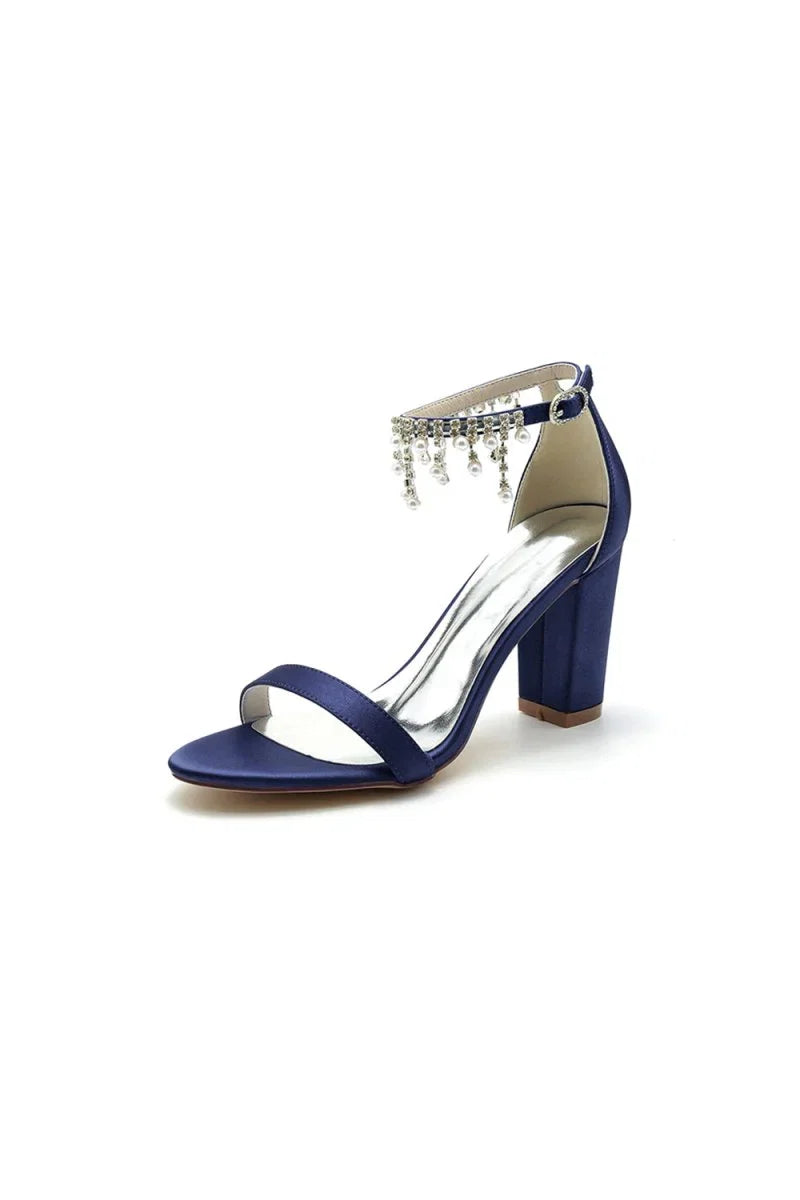 Open Toe Block Heels with Rhinestone Tassel