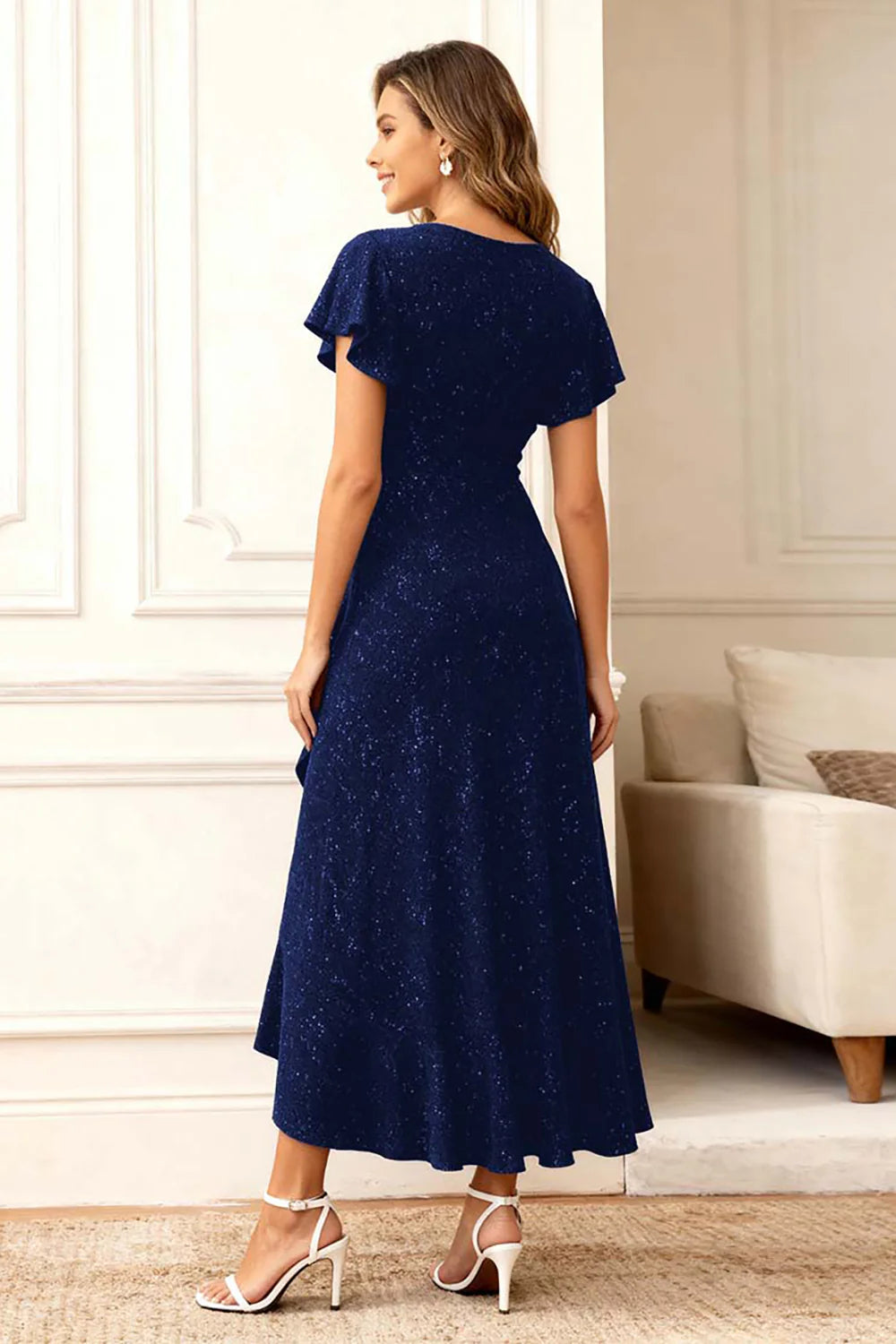 Glitter Black A Line Round Neck Ruffled Holiday Party Dress