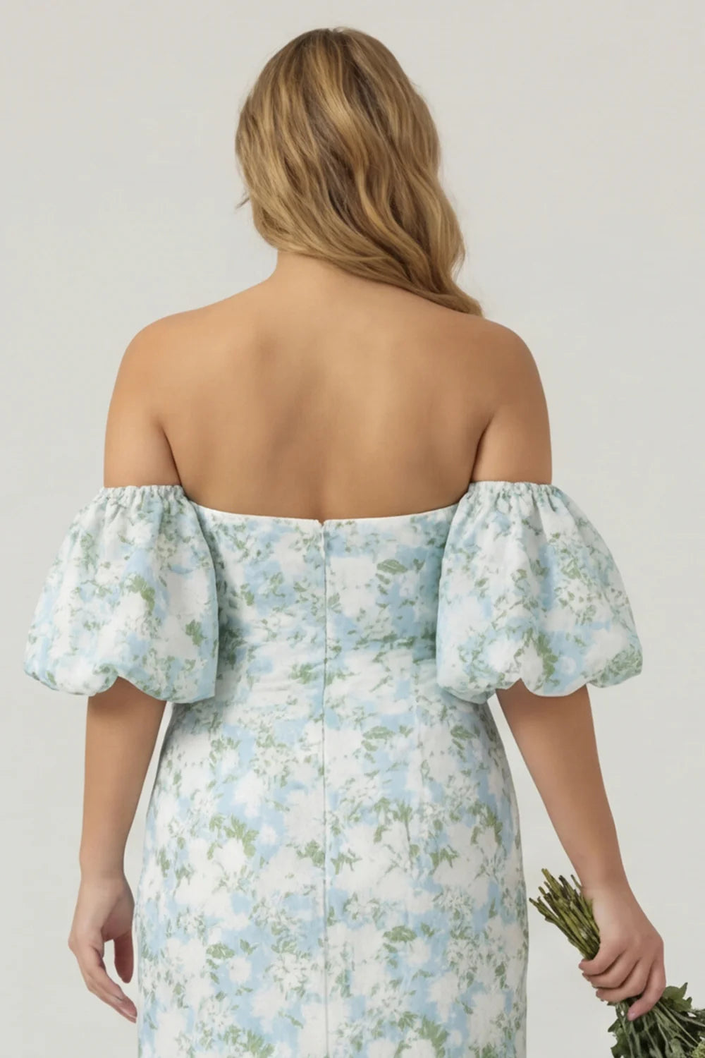 Blue White Flower Mermaid Strapless Satin Plus Size Bridesmaid Dress with Removable Sleeves