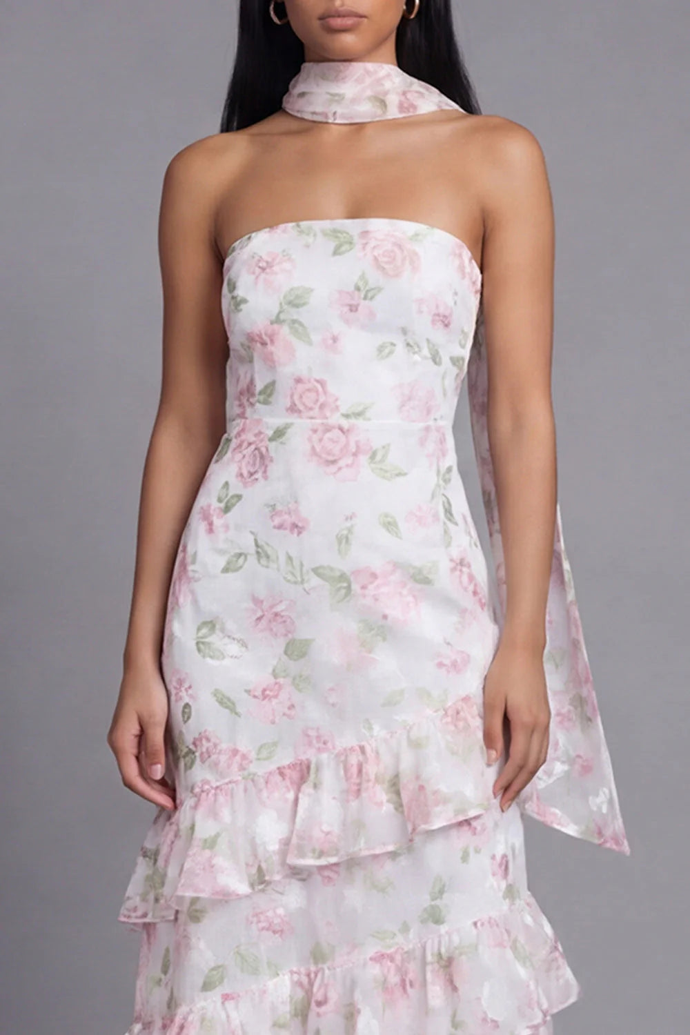 Pink Floral Ruffle Strapless Wedding Guest Dress with Sash