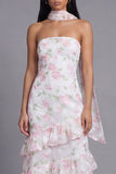 Pink Floral Ruffle Strapless Wedding Guest Dress with Sash