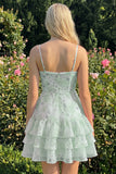 Floral Light Green Tiered Ruffle A Line Short Homecoming Dress