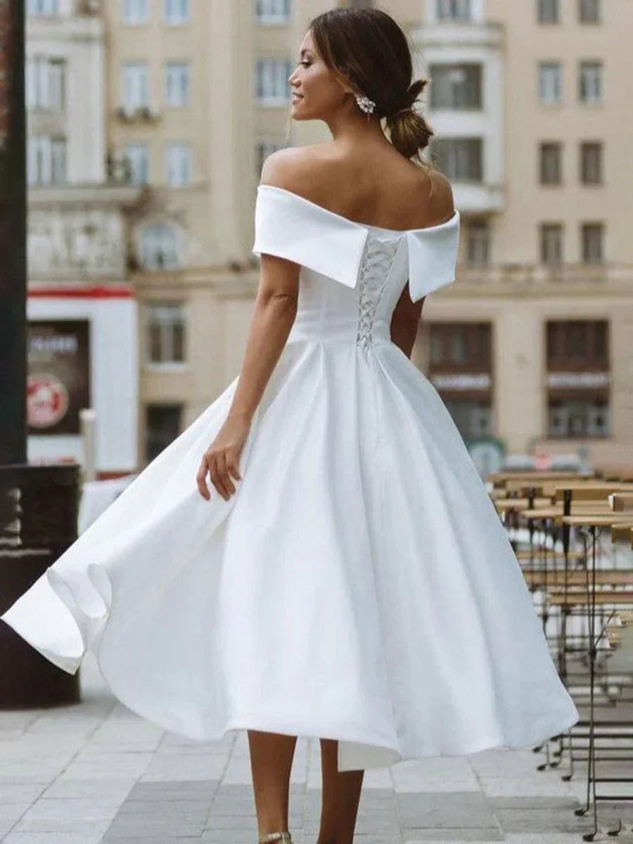 A Line Satin Tea Length White Off the Shoulder Wedding Dress