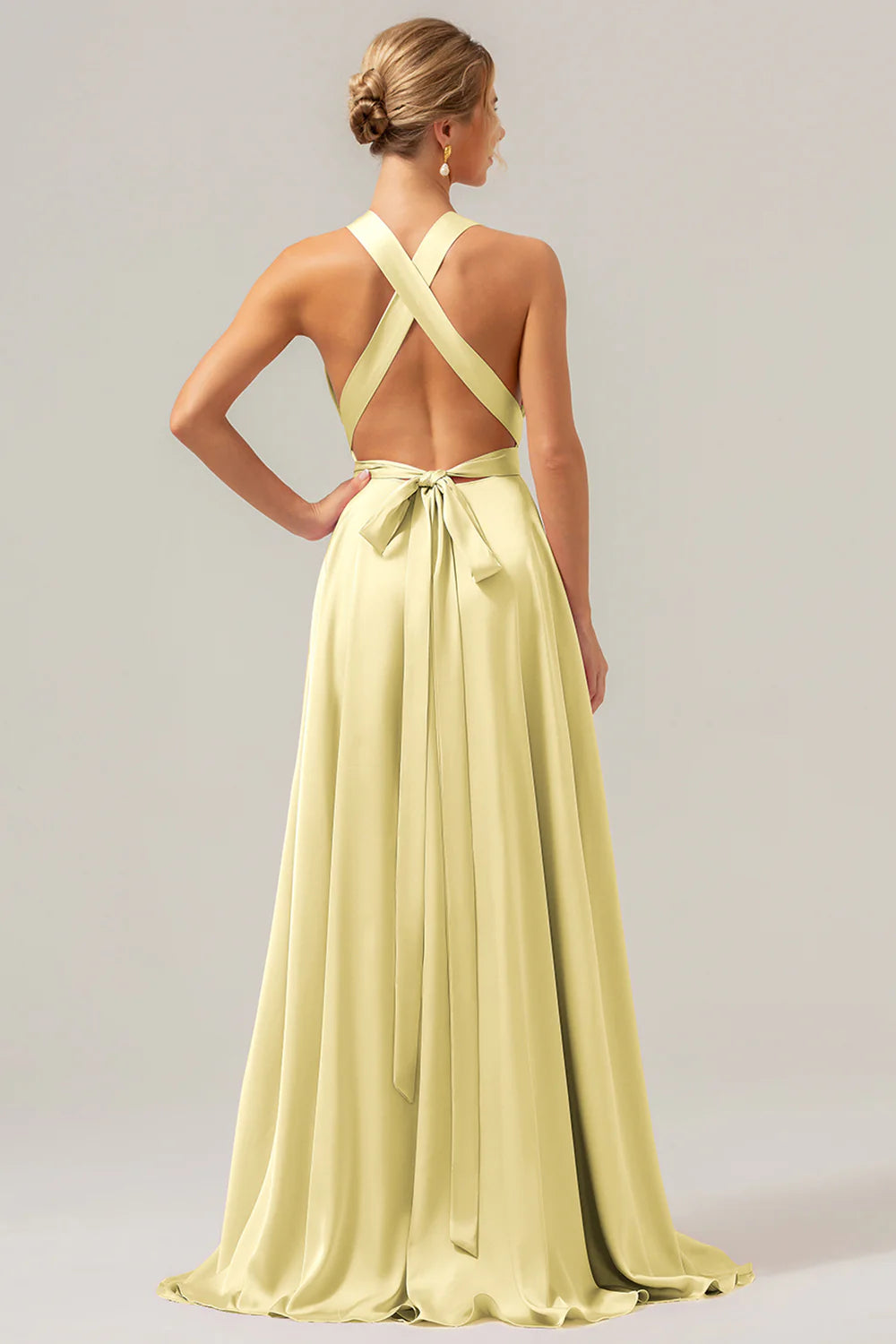 Pink A Line Deep V Neck Lace Up Back Long Satin Bridesmaid Dress with Slit