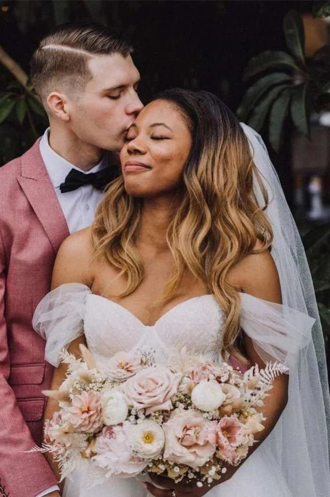 Boho A Line Wedding Dresses Detachable Long Puff Sleeve
