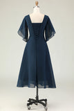 Navy A Line Ruched Chiffon Short Sleeves Chiffon Midi Dress with Rhinestones