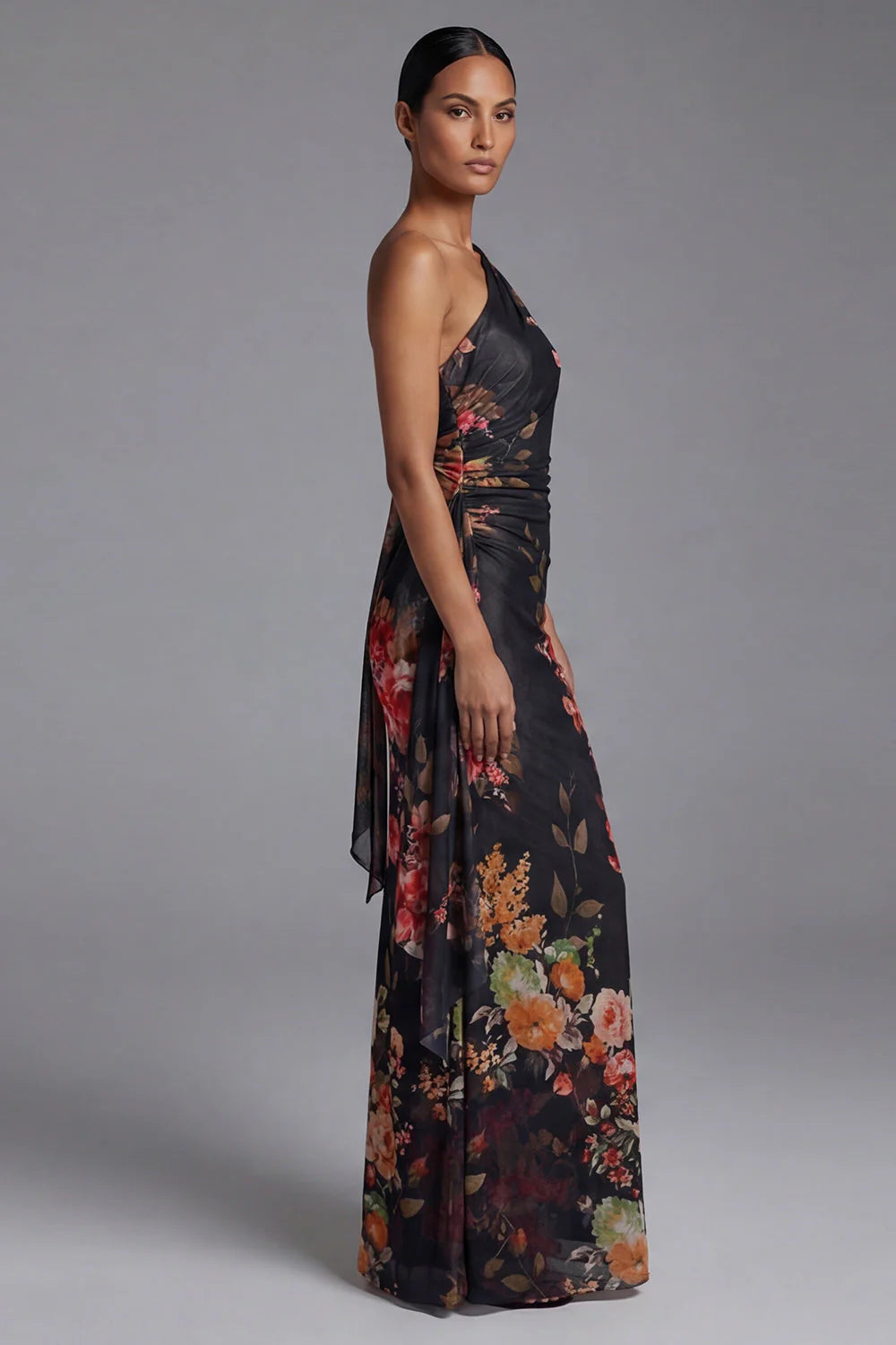 One Shoulder Cut Out Printed Ivory Maxi Formal Dress