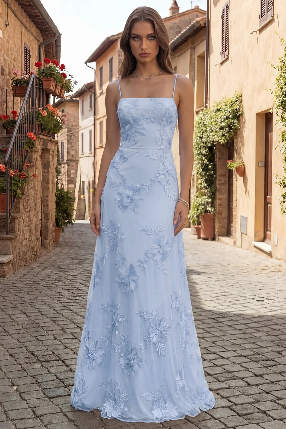 Lilac Appliqued Spaghetti Straps Long Prom Dress