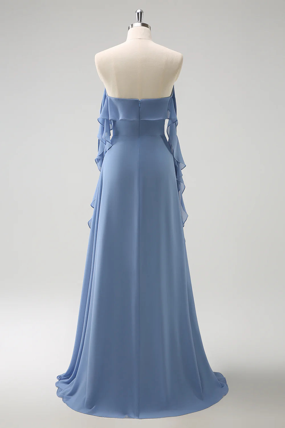 Grey Blue A Line Spaghetti Straps Pleated Chiffon Long Bridesmaid Dress with Slit