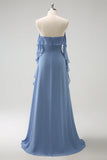 Grey Blue A Line Spaghetti Straps Pleated Chiffon Long Bridesmaid Dress with Slit