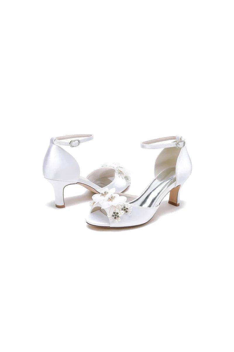 Peep Toe Rhinestone Chunky Heel Pumps with Flower