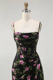 Black Pink Flower Corset Chiffon Long Bridesmaid Dress with Side Streamer