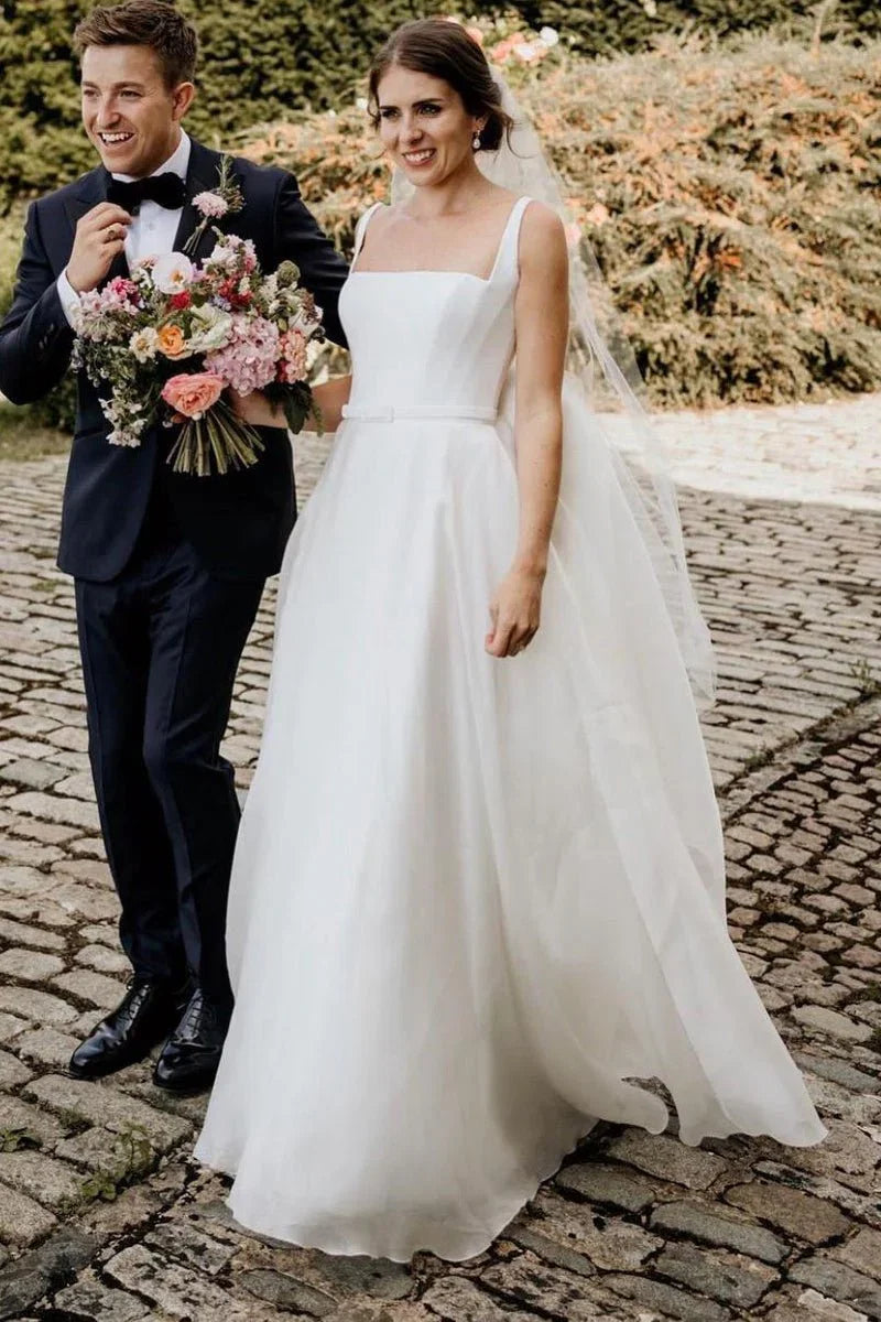 Chaming A Line Square Neck White Wedding Dresses