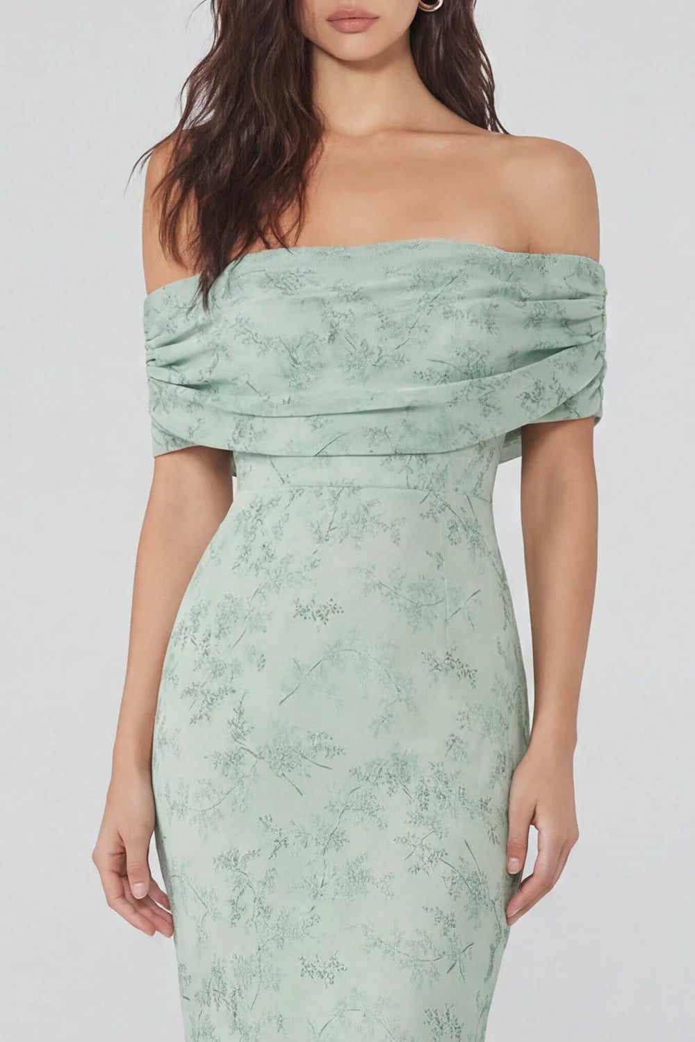 Dusty Sage Floral Mermaid Off the Shoulder Wedding Guest Dress