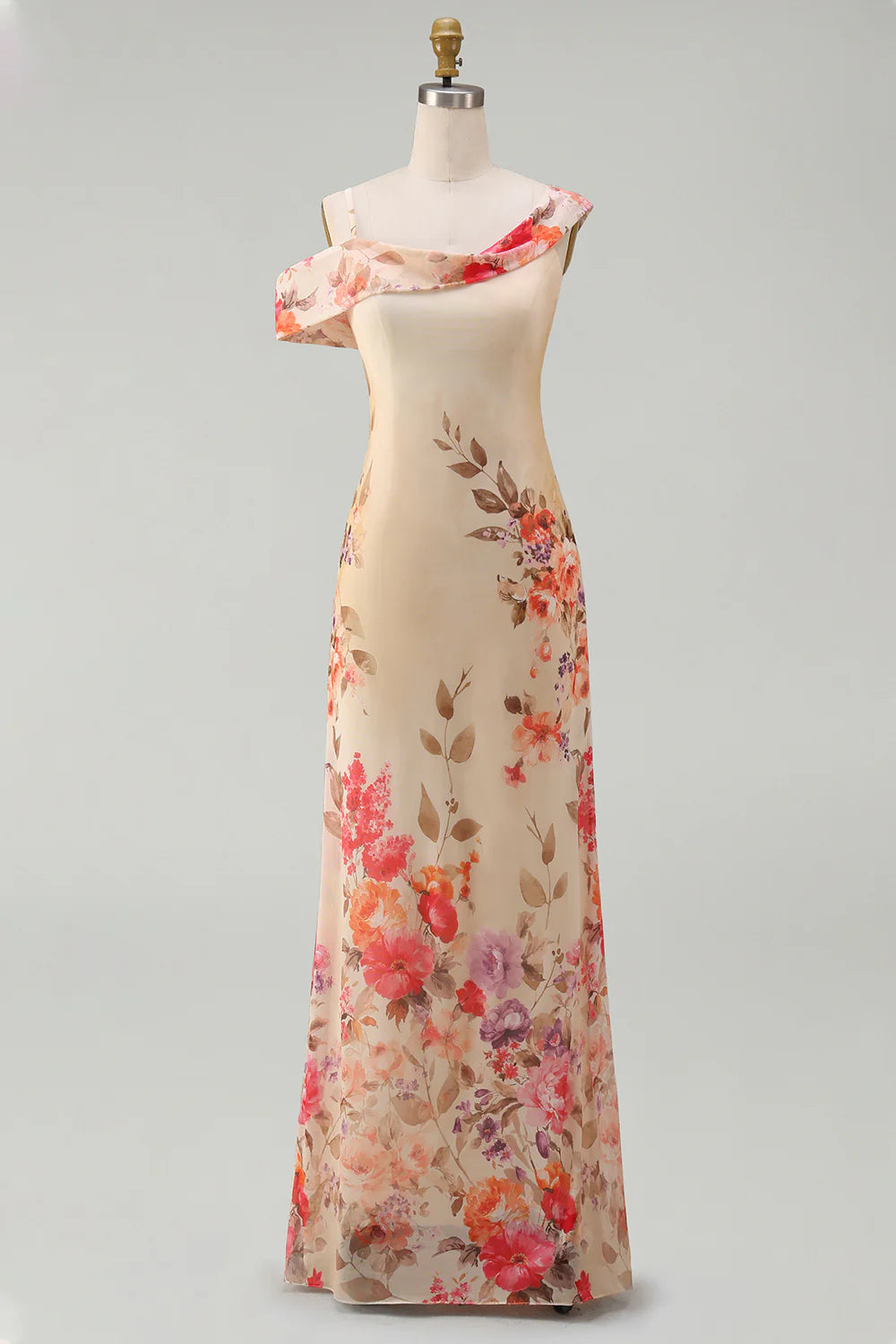 Champagne Asymmetrical Neck Floral Wedding Guest Dress