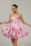 Pink Flower A Line Strapless Printed Homecoming Dress with Beading