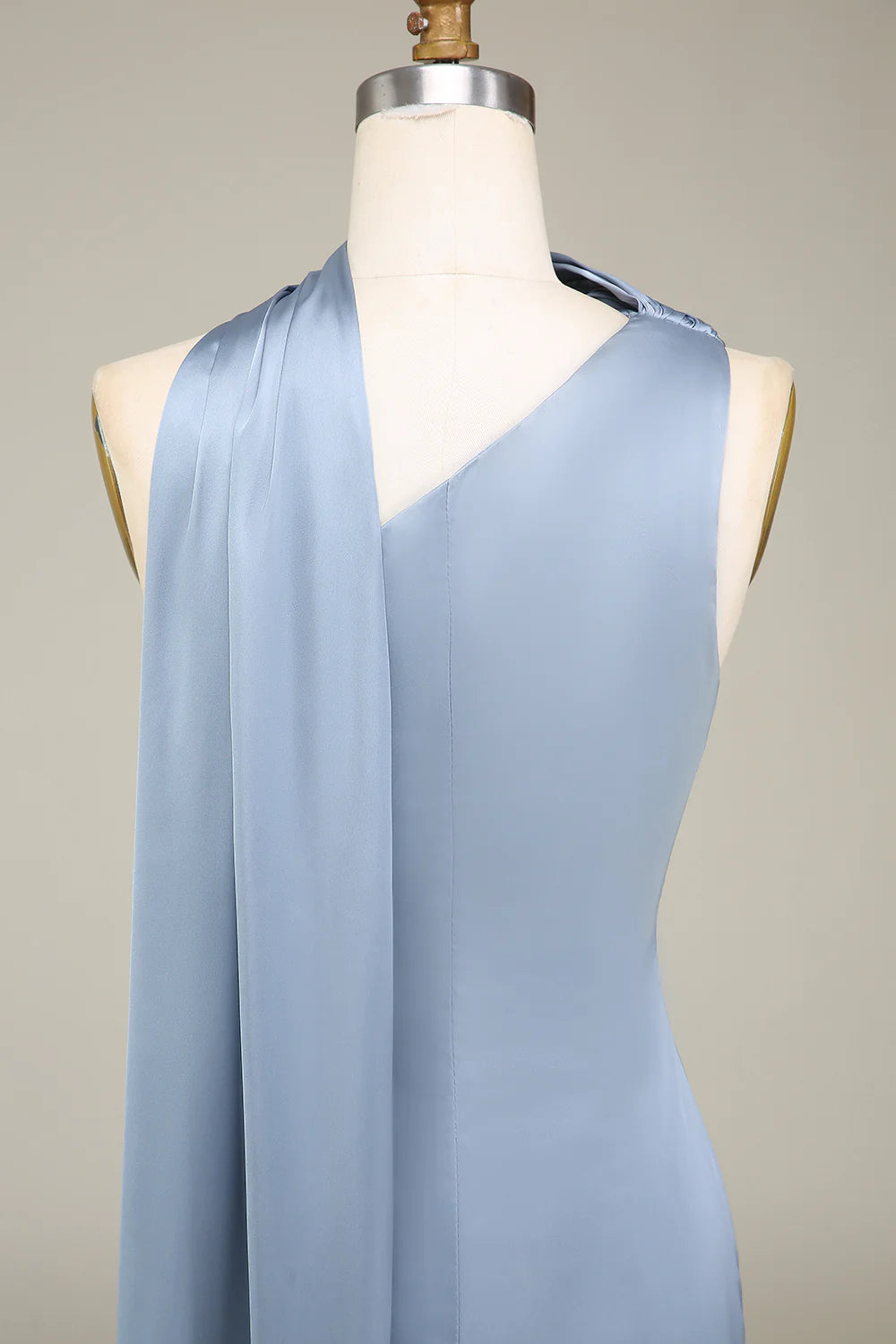 Sheath One Shoulder Convertible Long Satin Dusty Blue Bridesmaid Dress
