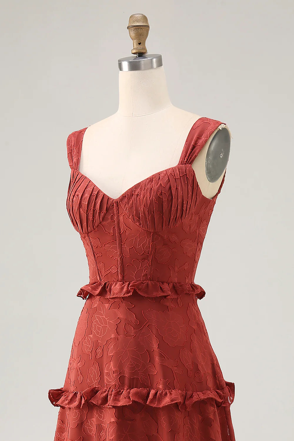 Terracotta A line Ruffled Floral Burnout Maxi Bridesmaid Dress with Lace Up Back