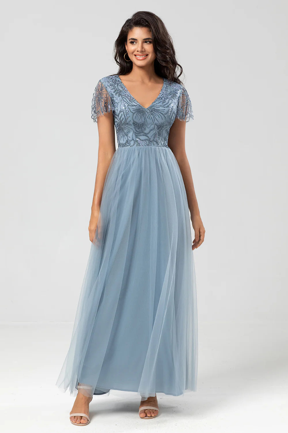 A Line V Neck Embroidered Tulle Dusty Pink Bridesmaid Dress with Beading