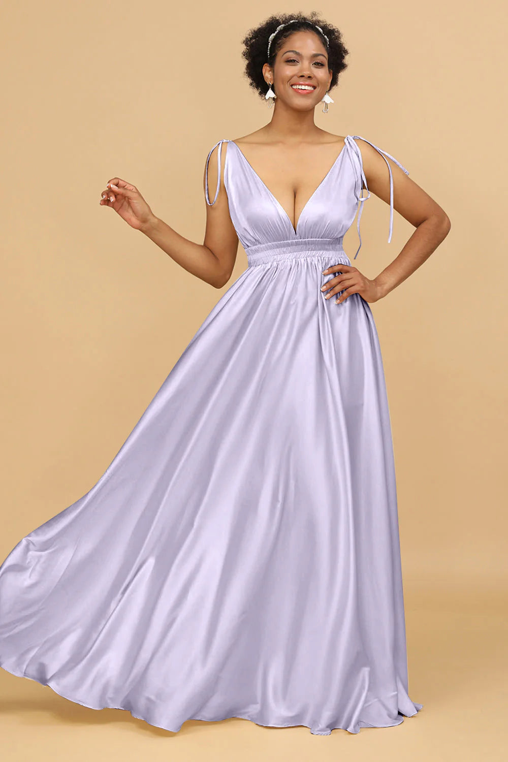 A Line Deep V Neck Backless Floor Length Bridesmaid Dress
