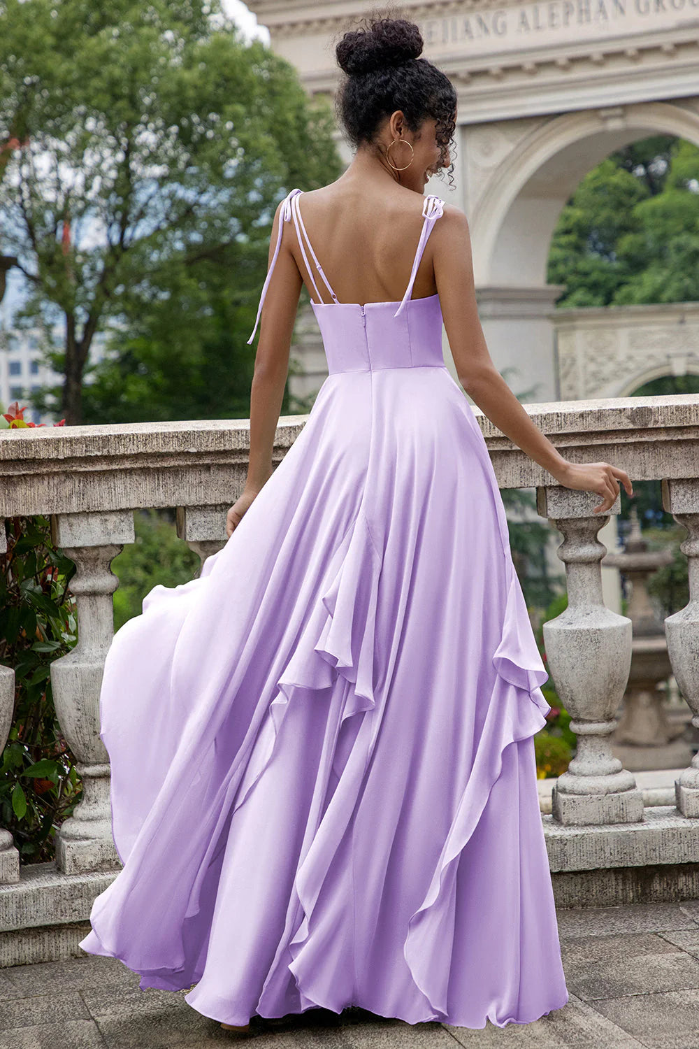 A Line Spaghetti Straps Chiffon Long Bridesmaid Dress with Ruffles