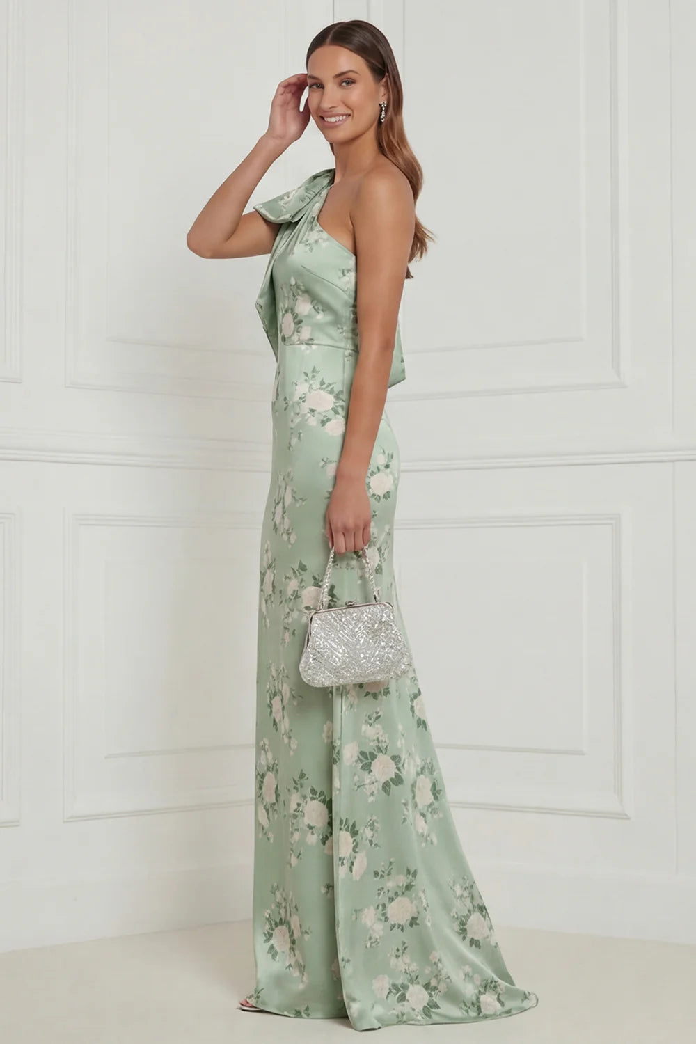 Sage Green One Shoulder Sheath Floral Long Bridesmaid Dress with Bow