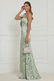 Sage Green One Shoulder Sheath Floral Long Bridesmaid Dress with Bow