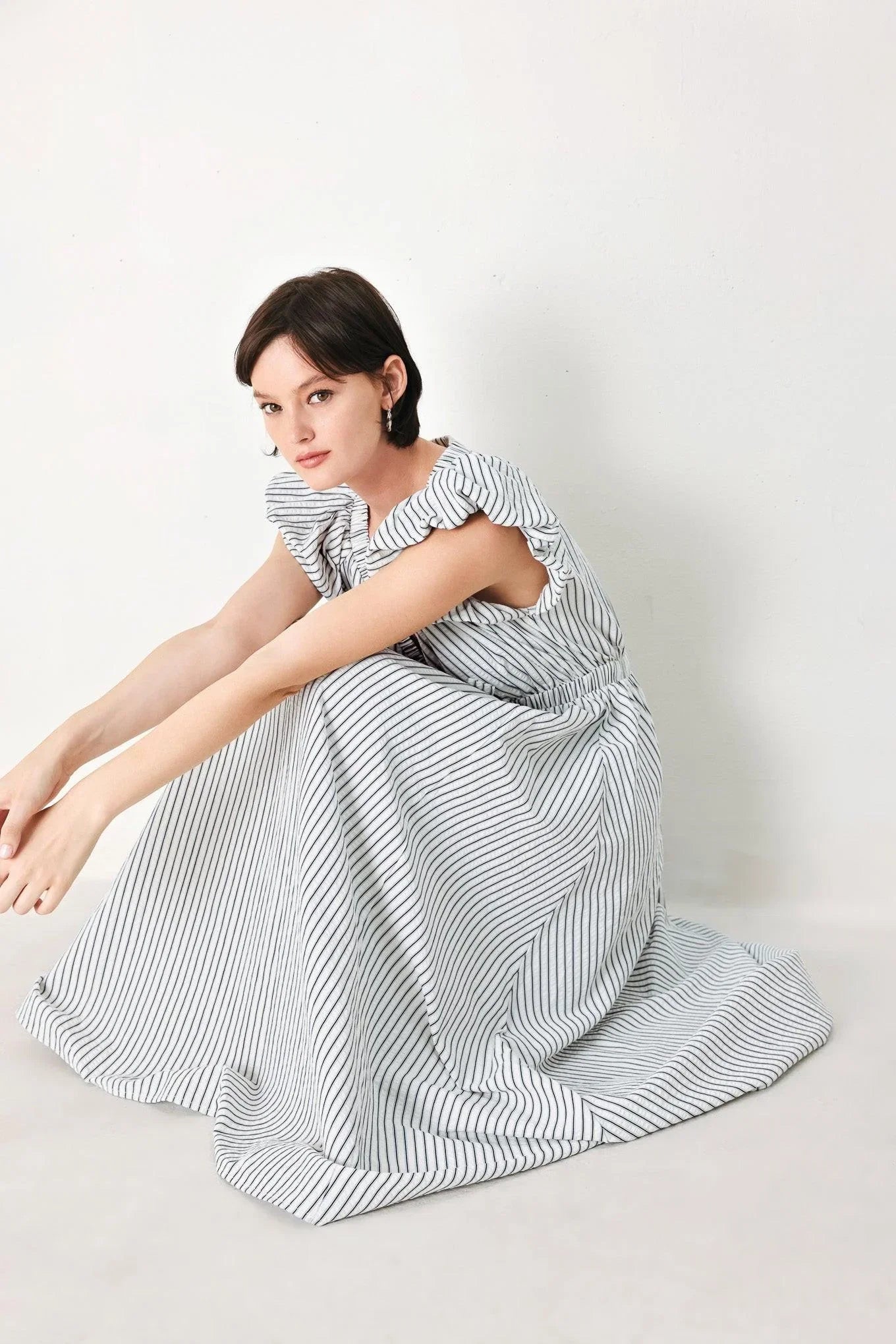 WHISPER STRIPE EMPIRE WAIST MIDI DRESS