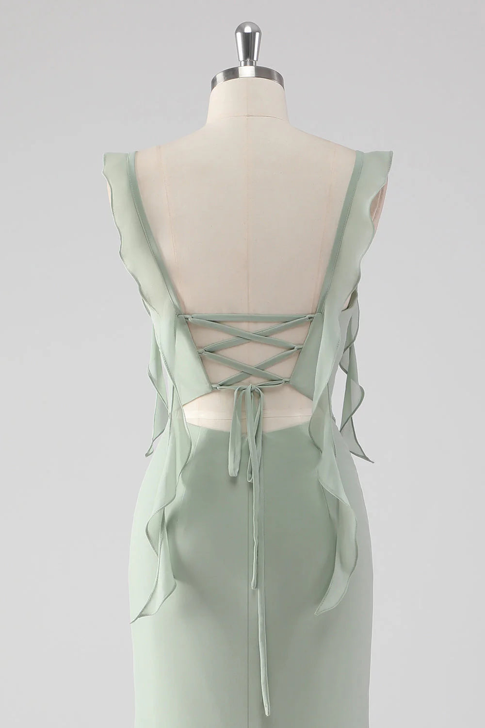 Sage Green Sheath Ruffled Lace Up Back Long Bridesmaid Dress with Slit