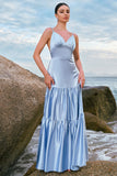 Sky Blue A Line Spaghetti Straps Satin Long Bridesmaid Dress with Ruffles