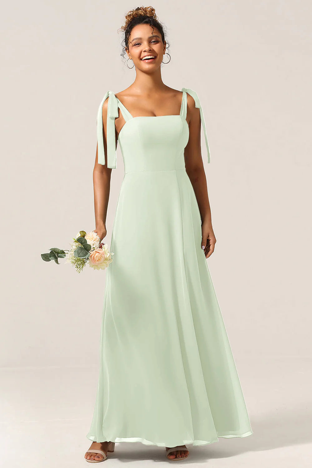 A Line Spaghetti Straps Floor Length Chiffon Bridesmaid Dress with Slit