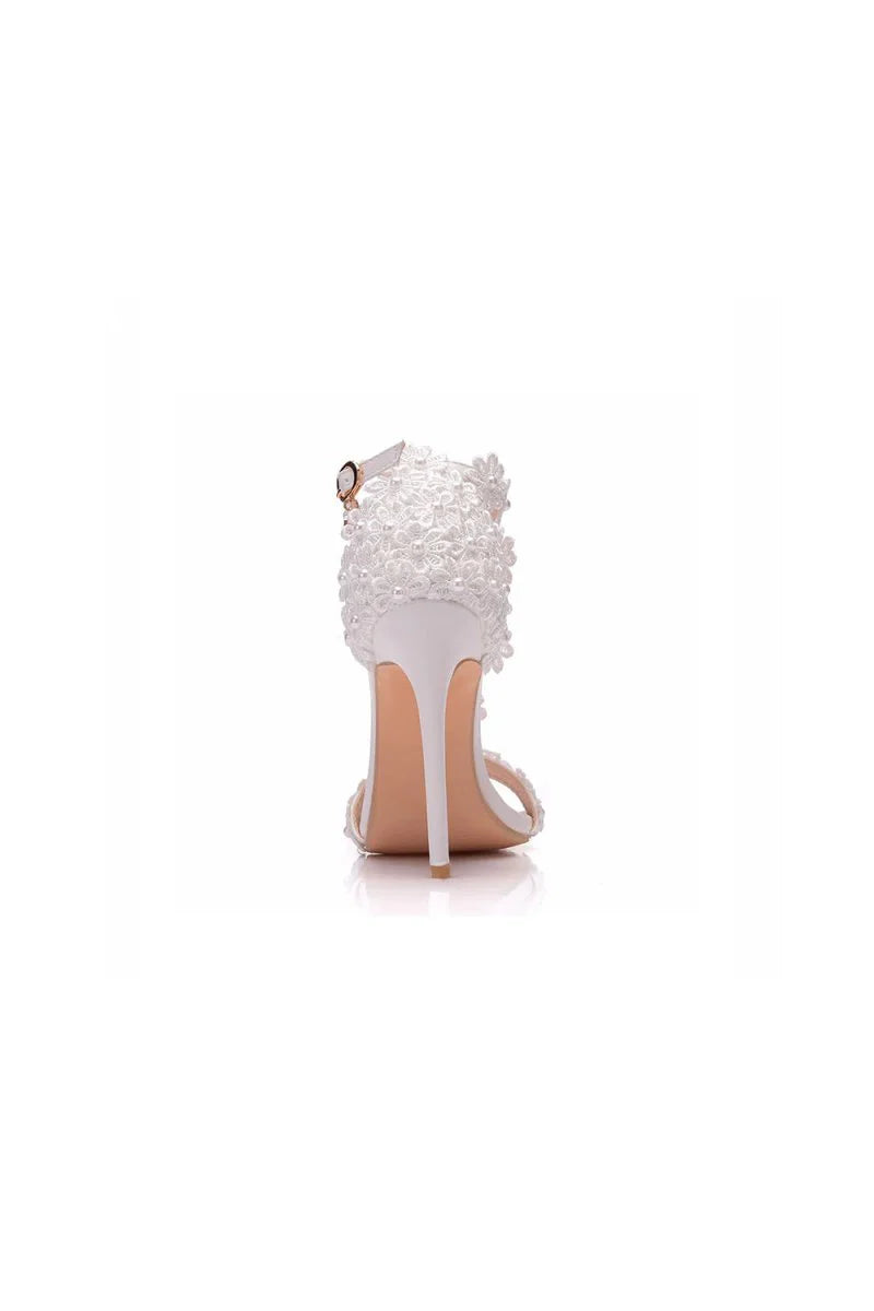 White Lace Flowers Tassels Open Toe Ankle strap Ultra High Heels