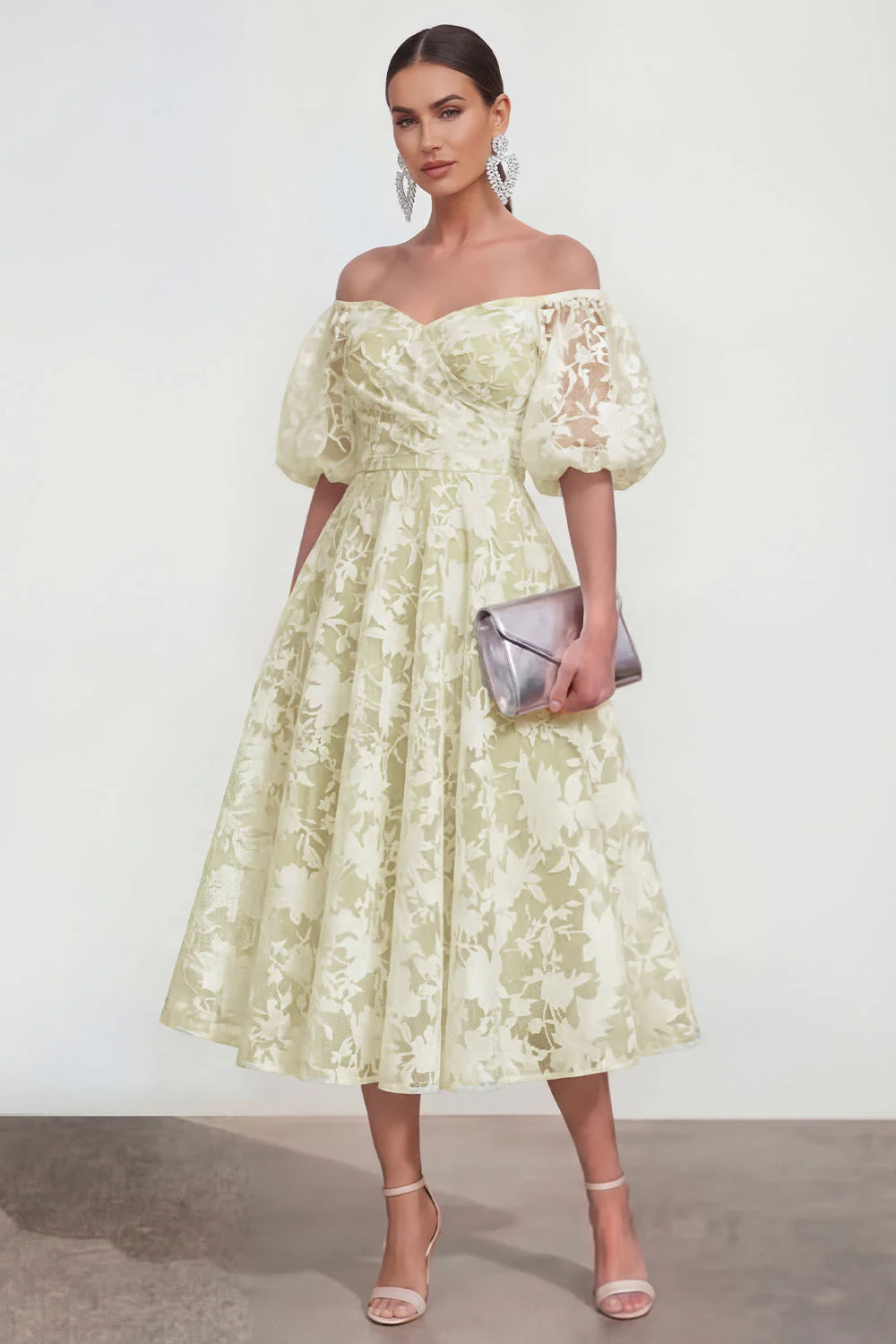 Floral Pink Off the Shoulder A Line Midi Wedding Guest Dress