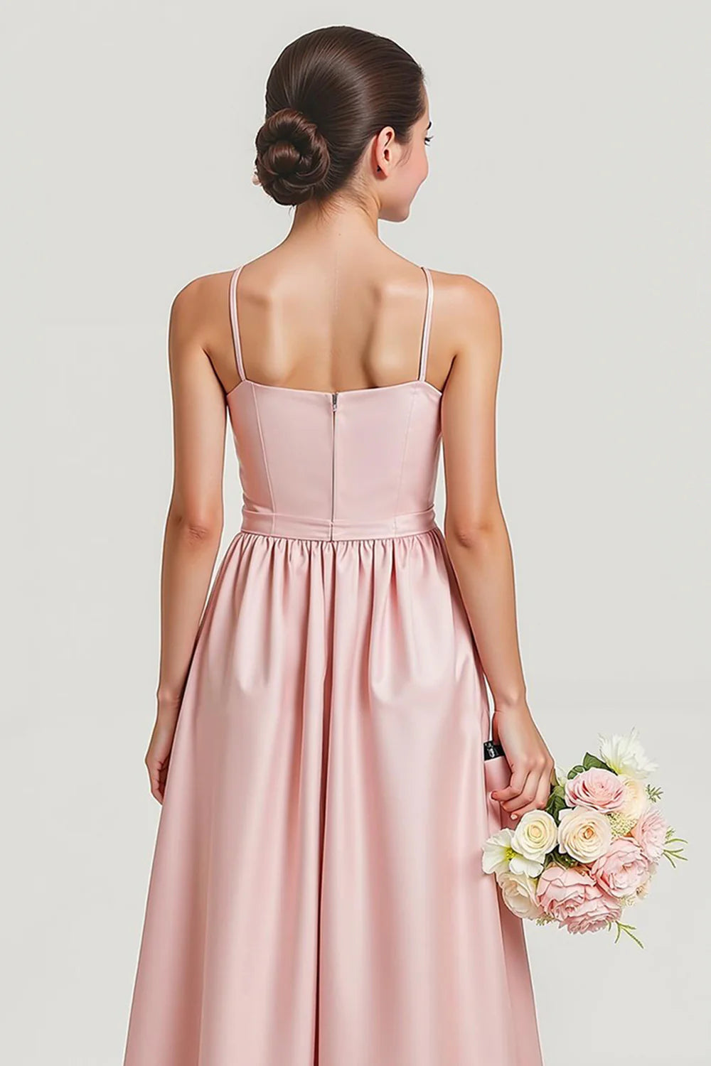 Simple Blush Satin A Line Spaghetti Straps Long Junior Bridesmaid Dress