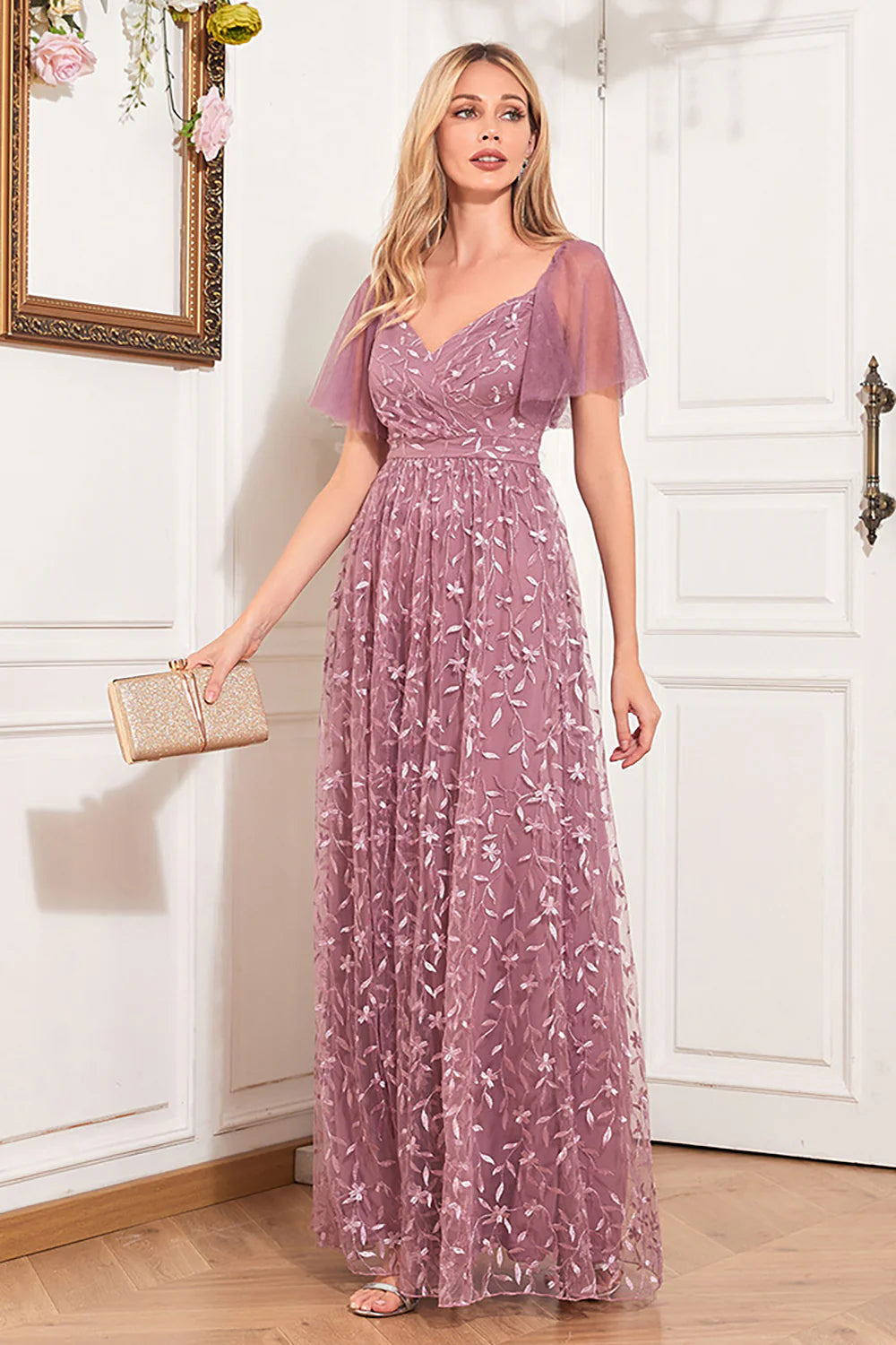Dusty Rose A Line Sweetheart Sequins Lace Evening Dress With Short Sleeves