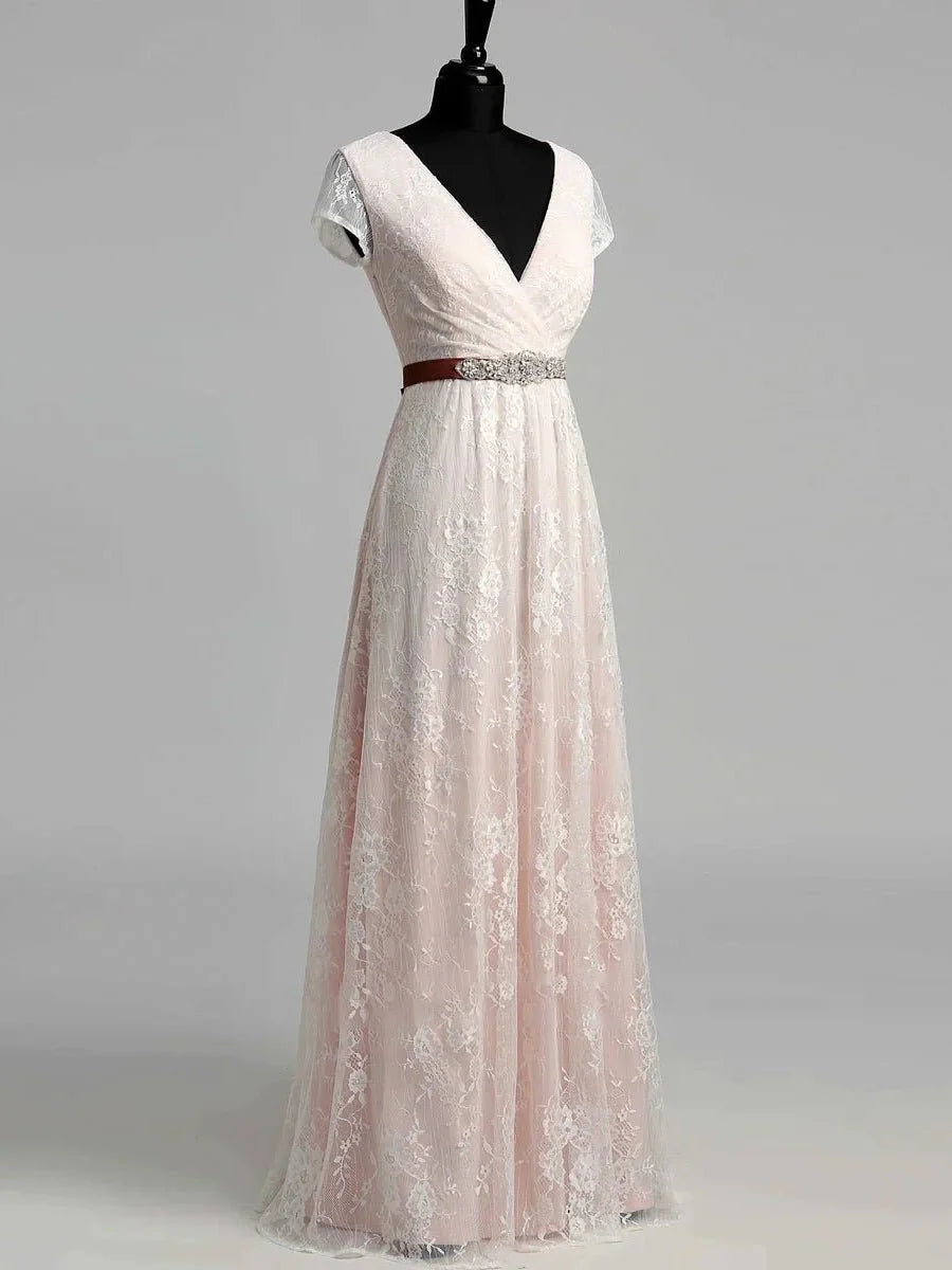 Short Sleeve V neck Pleated Long Lace Wedding Dress