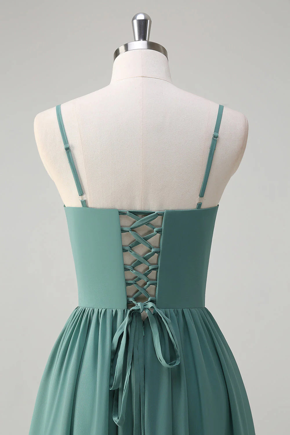 Eucalyptus A Line Spaghetti Straps Corset Ruffled Long Bridesmaid Dress with Slit