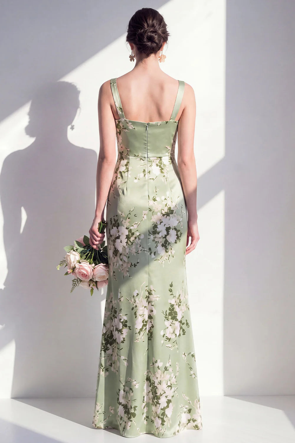 Sage Green Floral Mermaid Square Neck Bridesmaid Dress